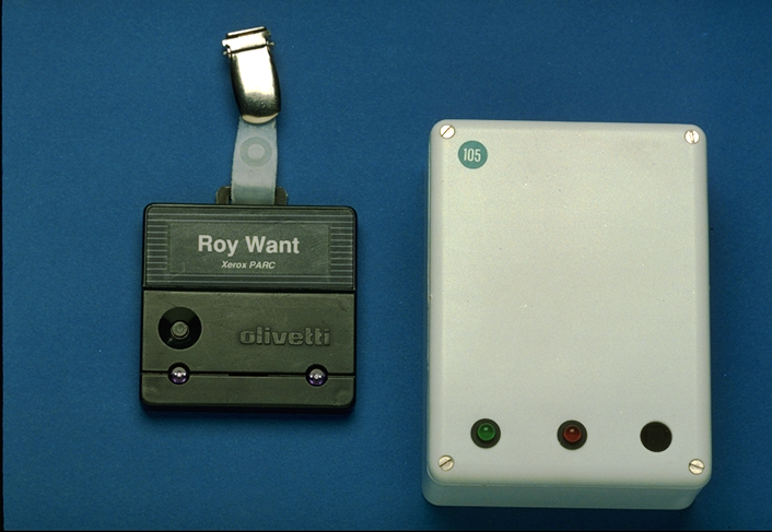 Active Badge components on a blue background