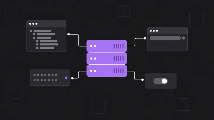A purple container stack at center surrounded by four smaller terminal, browser, port, and permission markers connected by white lines.