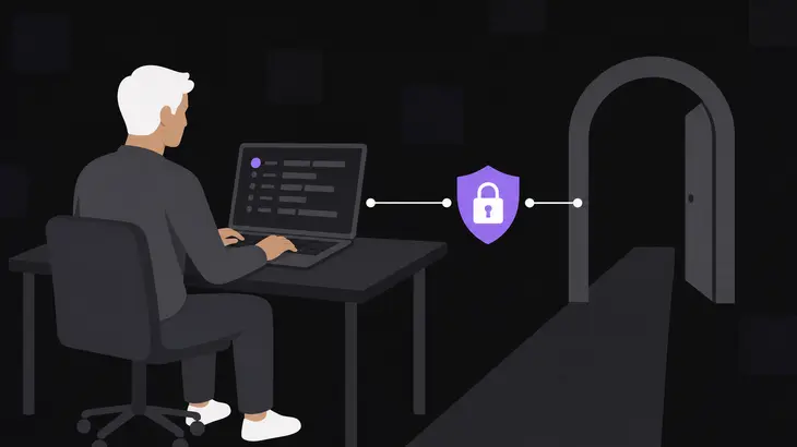An administrator at a laptop beside a small purple shield-and-padlock, with an open archway behind showing the listener path remains reachable.