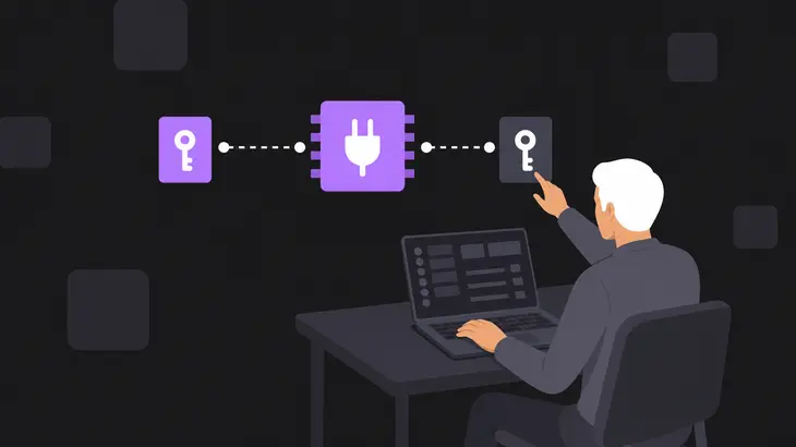 An administrator at a laptop works with two key files linked to a purple encryption plug-in.