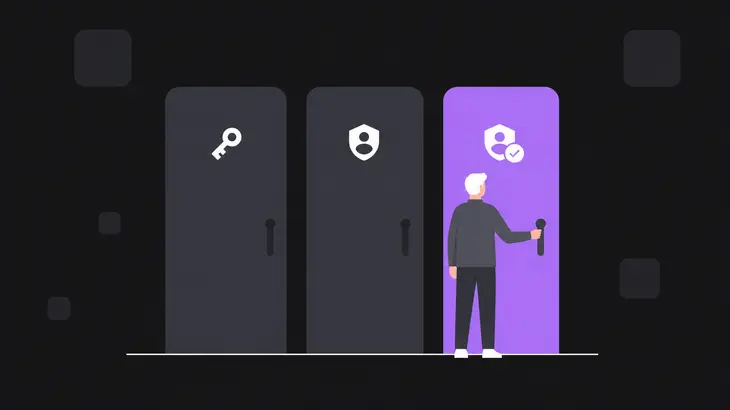 Three login doors side by side, with an administrator choosing the highlighted one on the right.