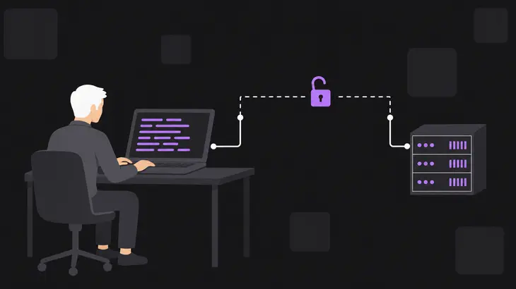 A laptop sending abstract session bars to a smaller server through a dashed protocol envelope with an open padlock.