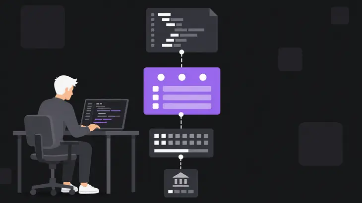 Vertical CMake build flow with source files feeding into a configuration card and out to a project terminal.