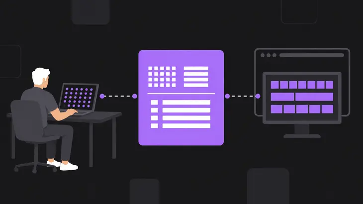 A flat illustration of an application block, a central purple library block, and a viewer monitor connected by dashed lines on a dark ground.