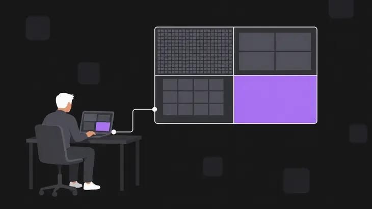 One screen rectangle split into four regions, each packing the same pixels a different way, linked to a viewer laptop.