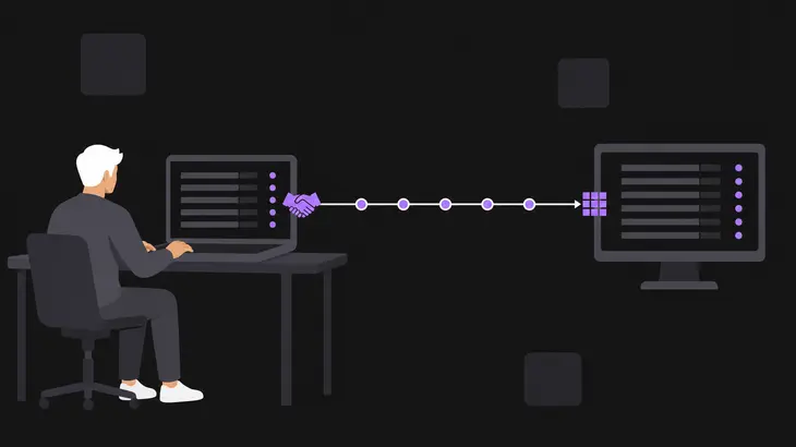 Two monitor shapes joined by a node-marked path running from a handshake glyph to a pixel block.