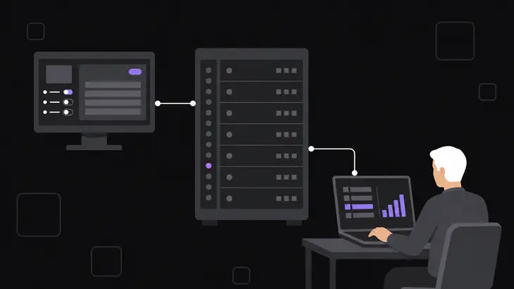 A central server linked by a connector line to a laptop viewer and a separate monitor showing a desktop session.