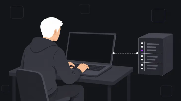 A user at a laptop viewing a blank screen, linked by a dashed line to a remote server showing active indicator dots.