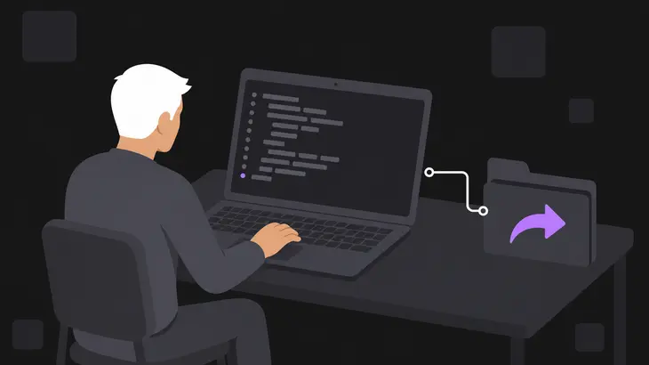 A person seated at a Chromebook working through a terminal, with a folder glyph beside the laptop marked for Linux sharing.