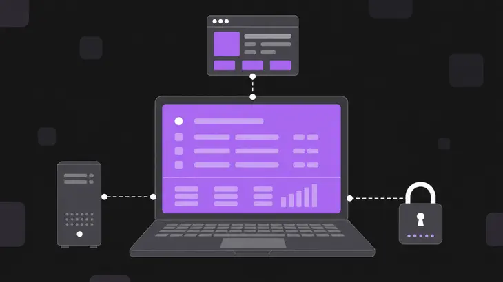 An open laptop linked by dashed lines to a desktop tower, a padlock, and a browser window on a dark ground.