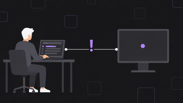 Two devices separated by a connector line with an exclamation mark, showing a client dialling a host where no server answers.