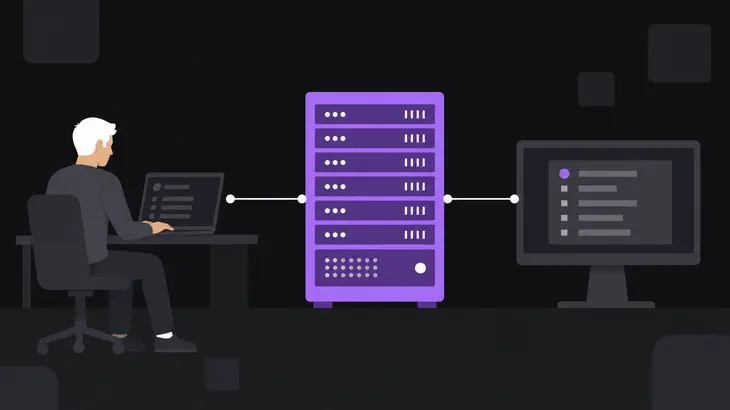 A viewer laptop, a central server chassis, and a monitor screen connected by a line tracing a remote desktop chain.