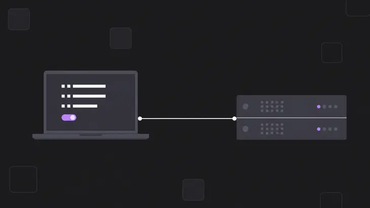 A laptop and a small server rack linked by a single thin line, the laptop showing a simplified sparse display.