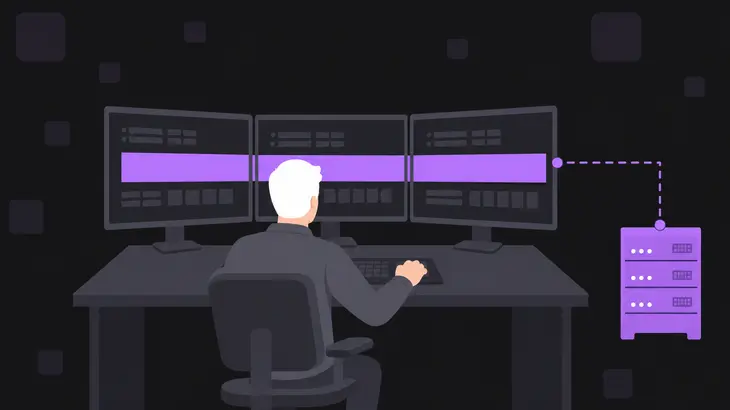 An operator at a three-monitor workstation, with a single purple framebuffer bar stretching across the displays and connecting back to a remote server.
