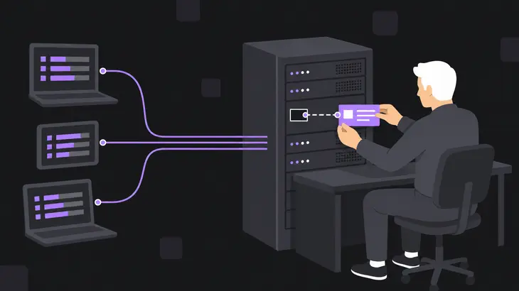 An administrator at a host server slots a VPN address card into the listener port while peer clients connect through a tunnel.