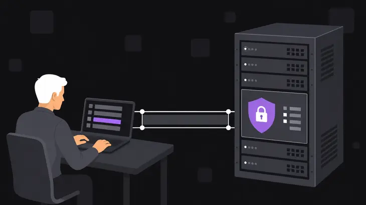 A client laptop on the left connects via a tunnel to a rack-mounted server on the right marked with a shield.