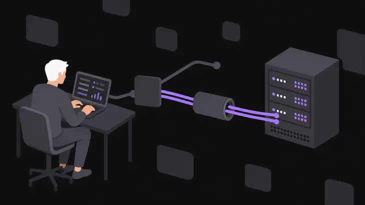 A central routing node with two diverging paths, the purple one threading through a tunnel to reach a server chassis.