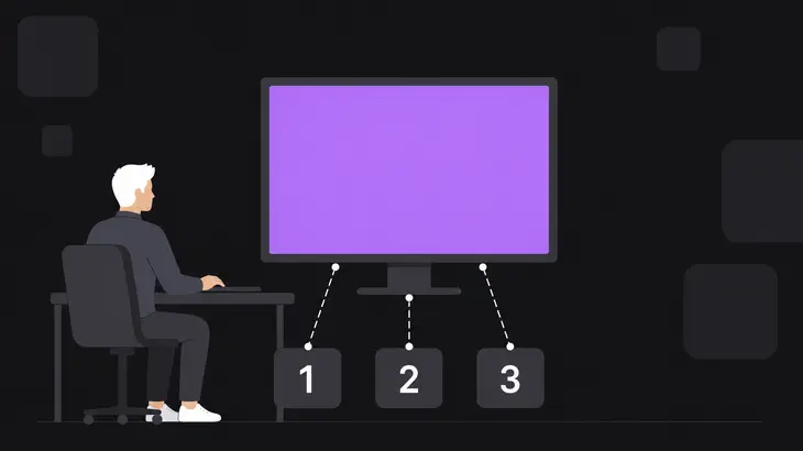 A monitor with a purple screen connected by dashed lines to small port badges showing port-to-display mapping.