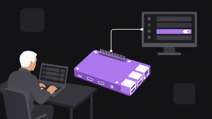 A Raspberry Pi board linked by a line to a monitor showing an interface panel with a VNC toggle highlighted.