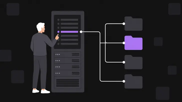 A gateway appliance panel connects to a branching tree of folder shapes, with one folder highlighted as the matched recording.