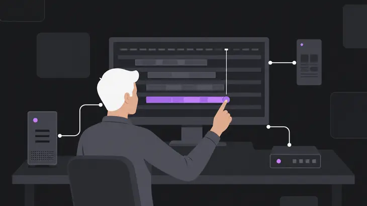 A figure reaches toward a monitor showing an active recording timeline, flanked by three smaller capture devices.