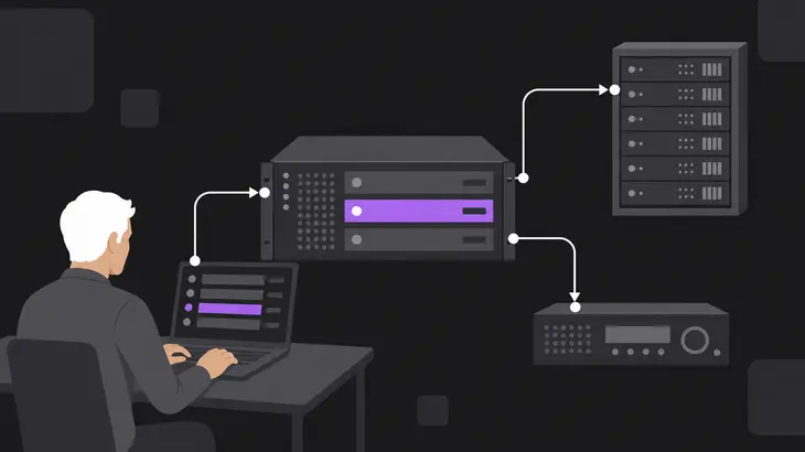 A central server links to a laptop, gateway rack, and standalone recorder while a figure works at the laptop keyboard.