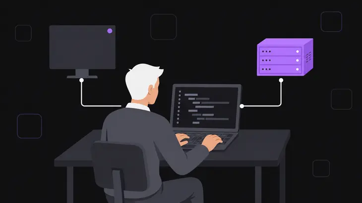 A figure at a laptop branches two VNC paths toward a mirrored display and a virtual session server.