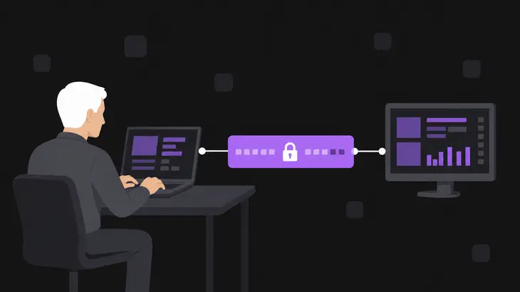 A person at a laptop on the left connects through a central purple bar to a remote monitor on the right.