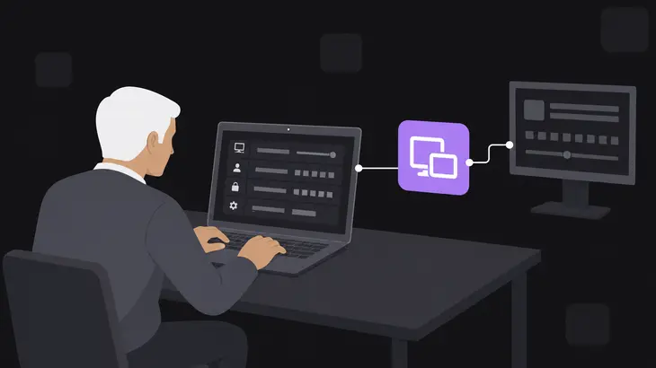 A person leans mid-task toward a Mac laptop showing session options, beside a purple viewer hub linked to a secondary monitor.