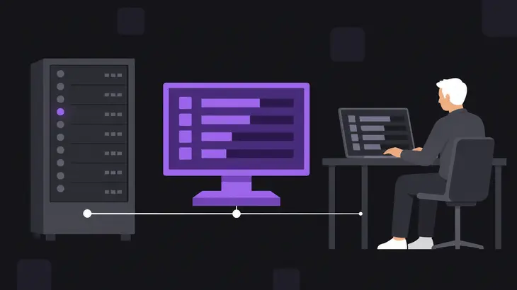A purple monitor between a server rack and a laptop, linked by connector lines with terminal nodes.