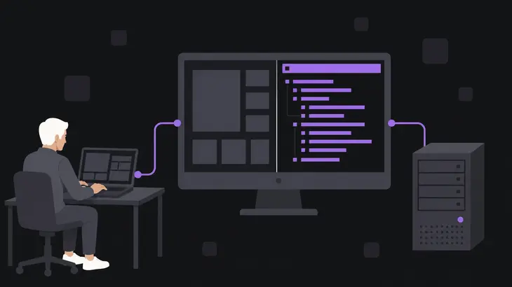 A desktop monitor displays a framebuffer and terminal side by side, connected to a smaller laptop and server tower.