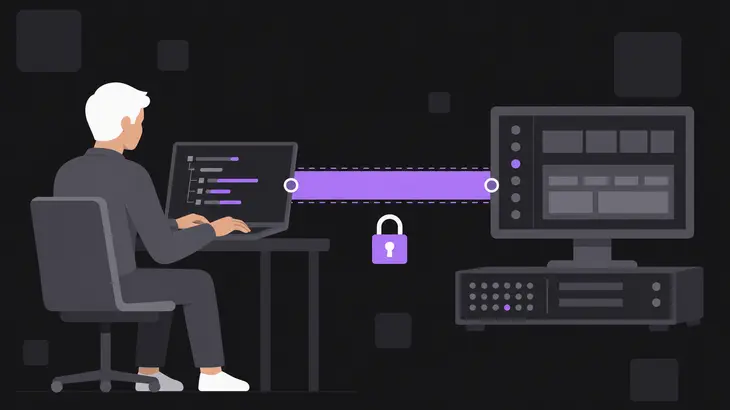 A seated figure at a laptop linked through an encrypted tunnel band to a remote monitor and rack.
