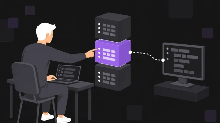 A figure at a workbench reaches toward the middle cube of a three-layer stack that links to a remote client monitor.