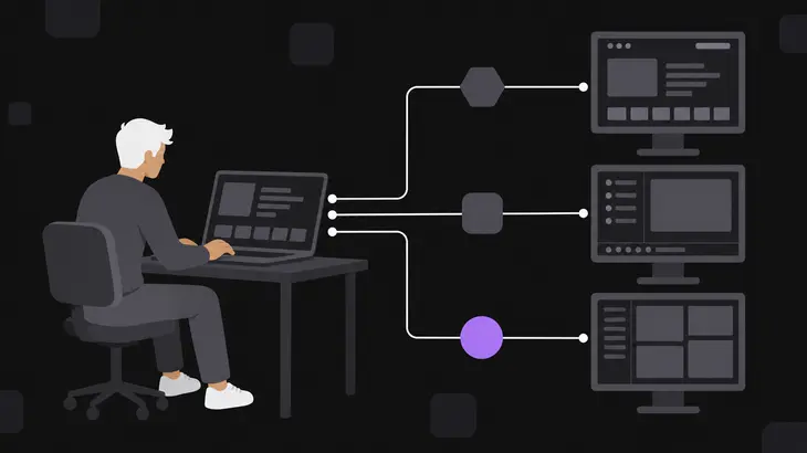 A viewer laptop reaches three different Wayland desktops, each through its own server route.
