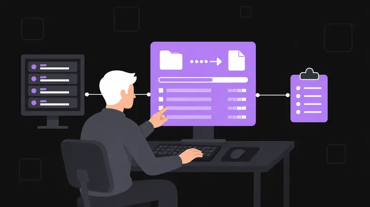 An IT administrator at a workstation pointing at a file transfer dialog beside a stack of standard message tiles and a clipboard marker.