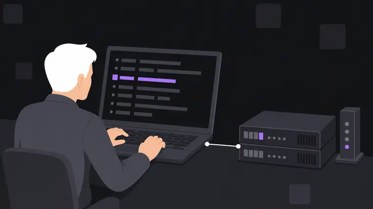 A person at a laptop marking a session row while a rack unit and small monitor connect via a thin line.